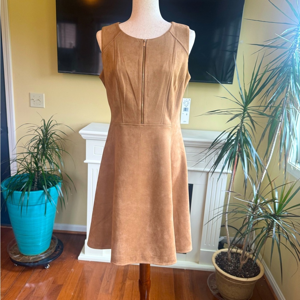 NWT Studio One , size 8 , light brown suede fit and flair sleeveless dress.